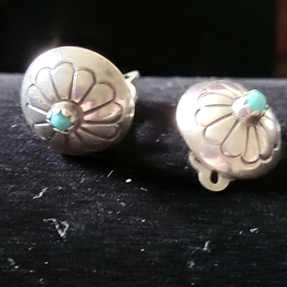 Green and Silver Floral Earrings with Turquoise Accent